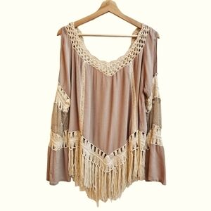 Umgee Macrame Fringe Tunic in Nude Tan Light Brown, Size Small (Oversized)